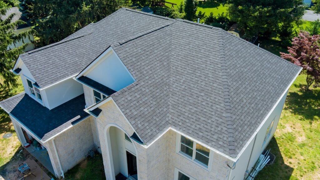 Aerial view of completed residential shingle roof