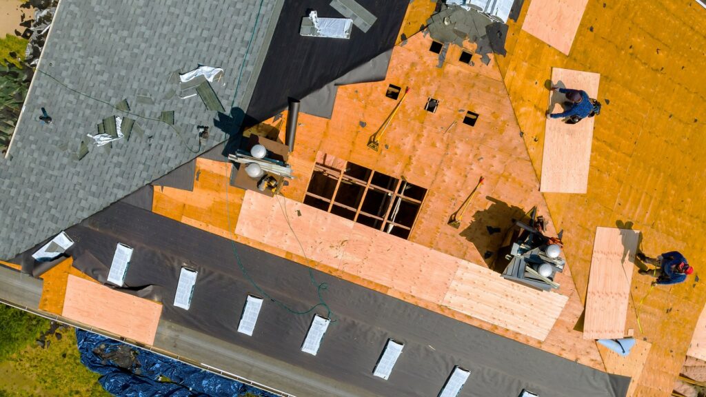 Aerial view of residential roof construction